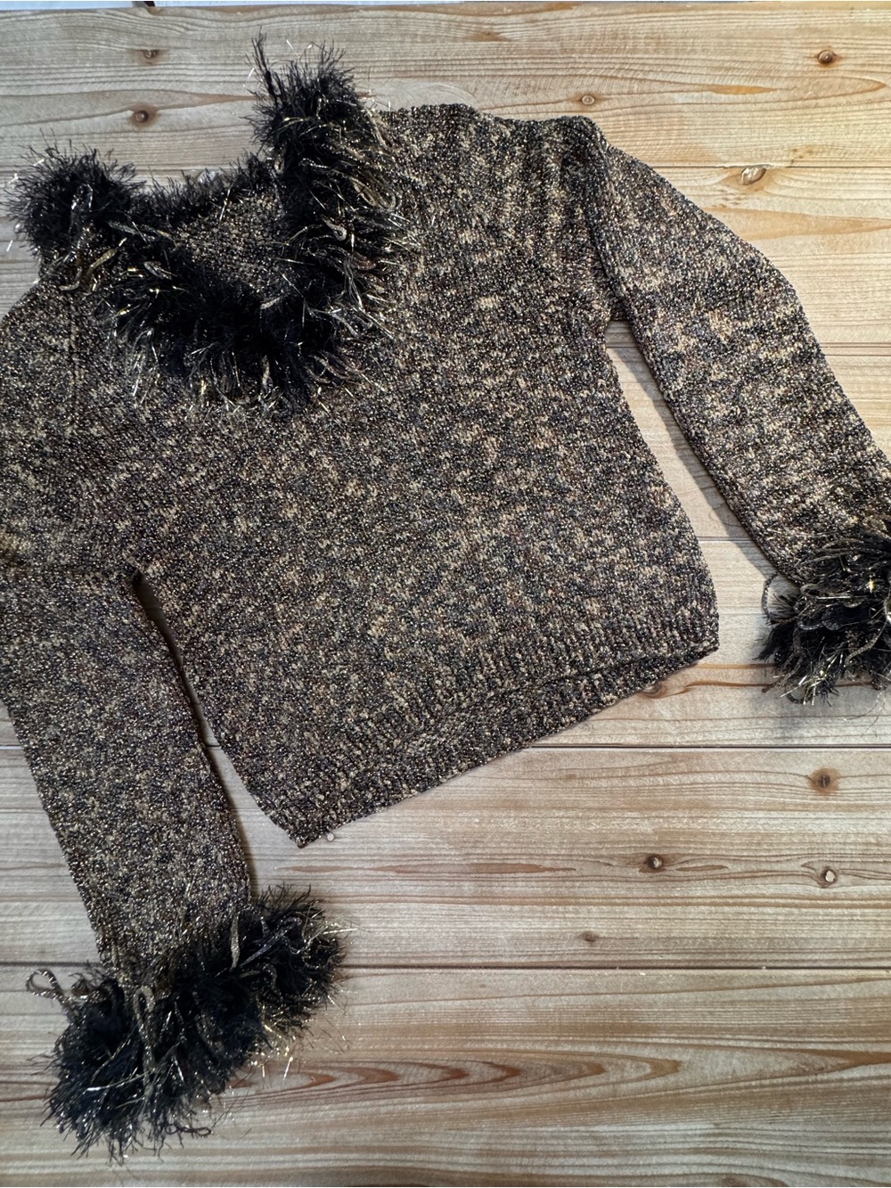 Boutique Metallic Bronze & Black Eyelash Trim Sweater | Faux Fur Collar | Size M